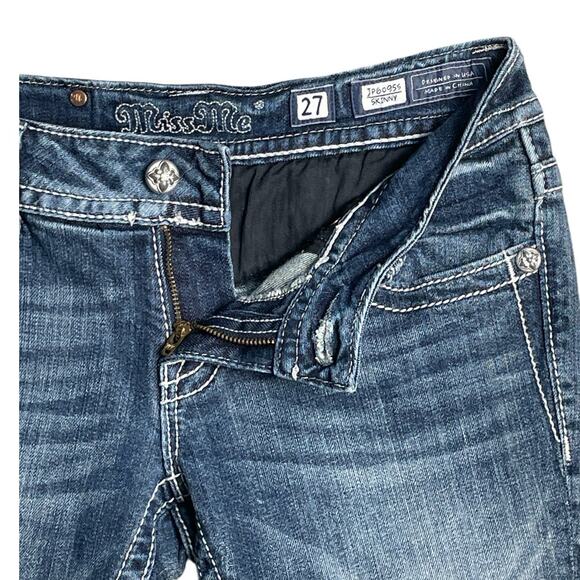 Miss Me Y2K Skinny Embellished Medium Wash Saddle Stitch Low Rise Jeans Size 27 - Picture 5 of 9
